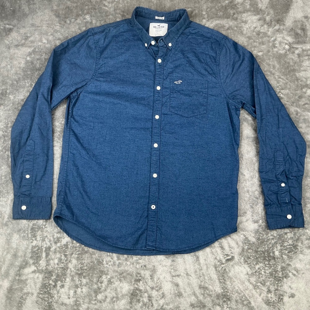 Hollister Epic Flex Stretch Button Down Shirt Men's Large Blue Chambray Casual